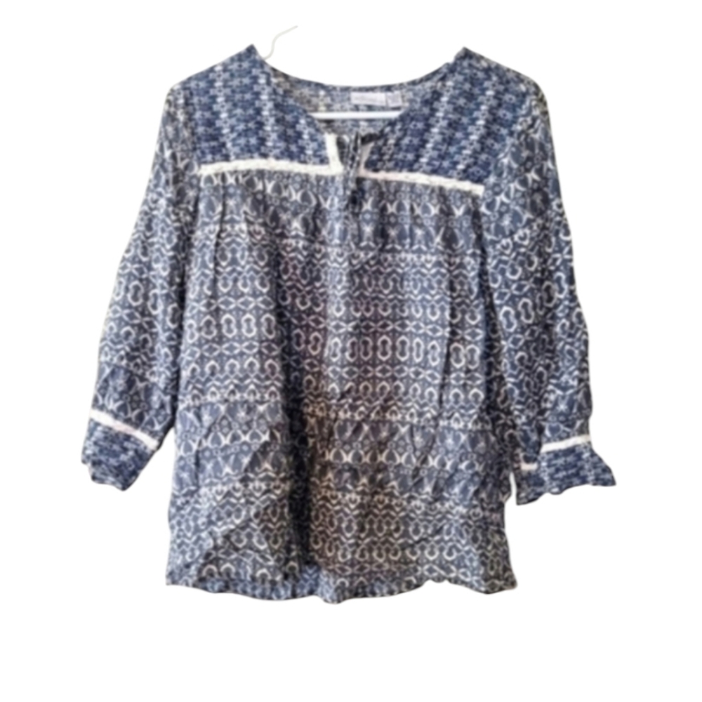 Kim Rogers Cottagecore Dainty Peasant Lace Blue and White Blouse Size Medium